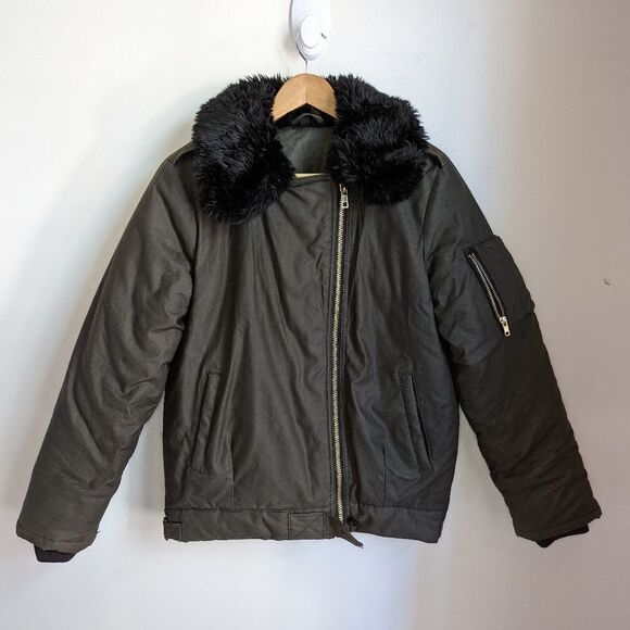 Topshop Green & Black Faux Fur Collar Oversized Zipper Front Bomber Jacket Sz 4 - Picture 2 of 14